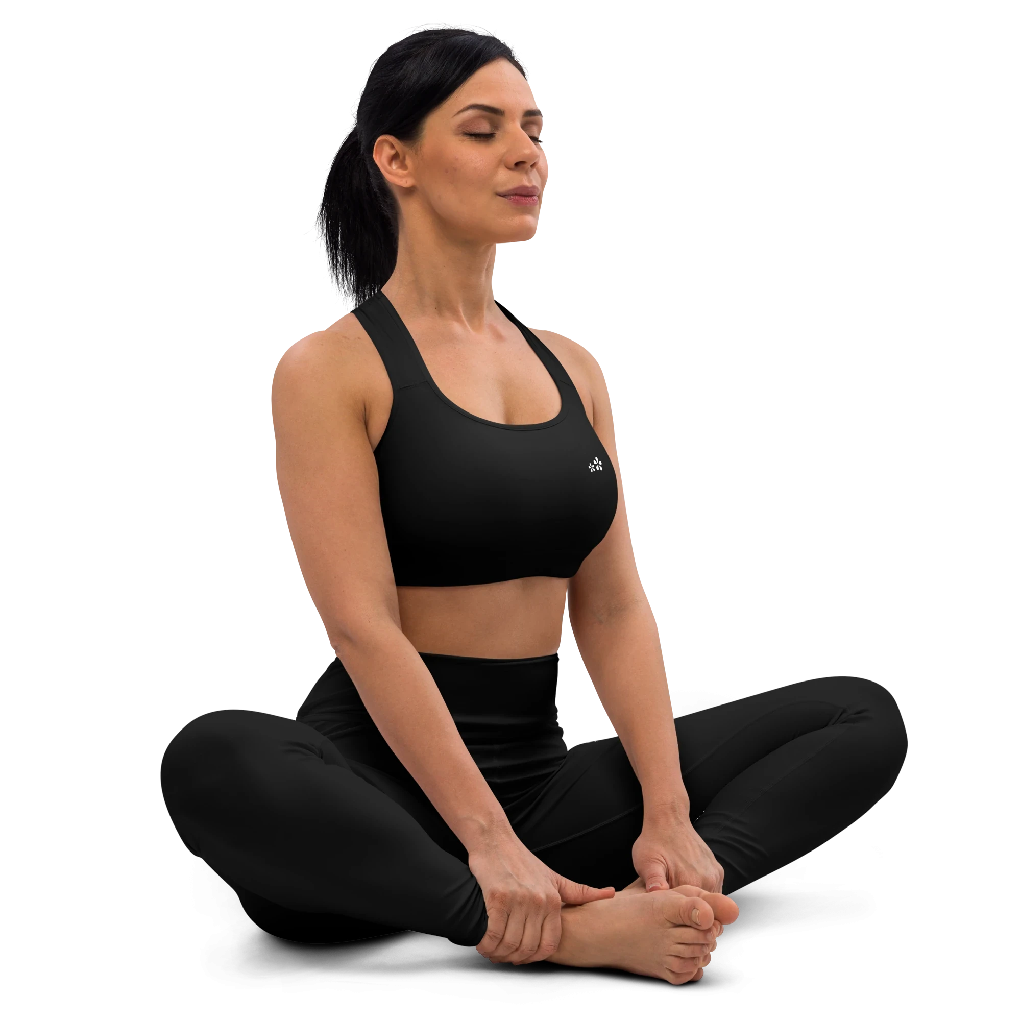 DuelStars Core Femme yoga sports bra - right front view showing white blossom logo and complete coverage.