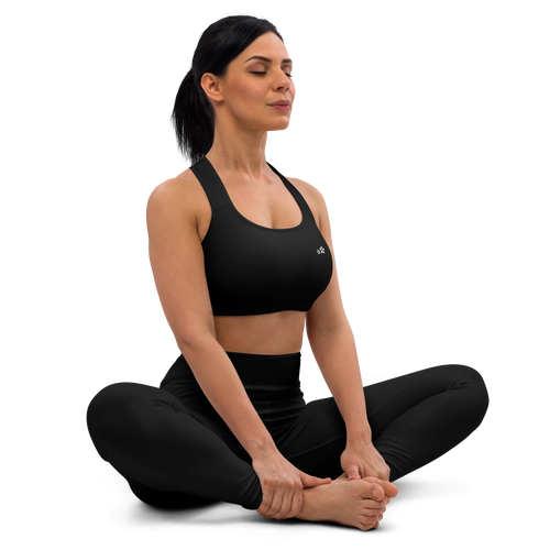 DuelStars Core Femme yoga sports bra - right front view showing white blossom logo and complete coverage.