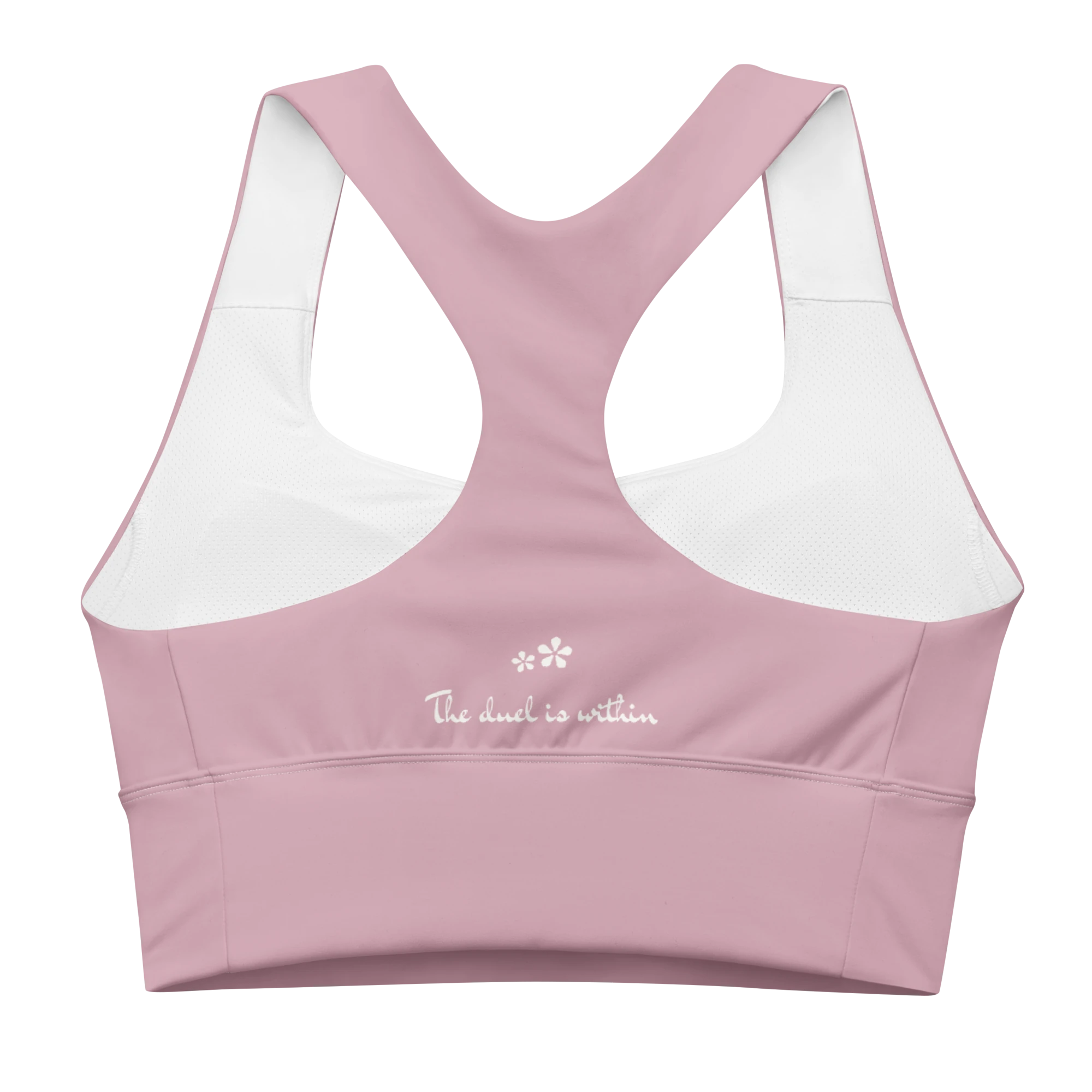 Back view flat lay of the DuelStars Core Femme sports bra in dusty rose, featuring the inspirational slogan 'the duel is within' printed across the back.