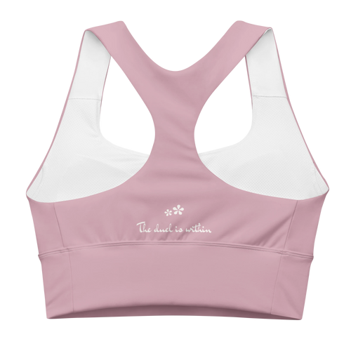 Back view flat lay of the DuelStars Core Femme sports bra in dusty rose, featuring the inspirational slogan 'the duel is within' printed across the back. [cw:dusty-rose]