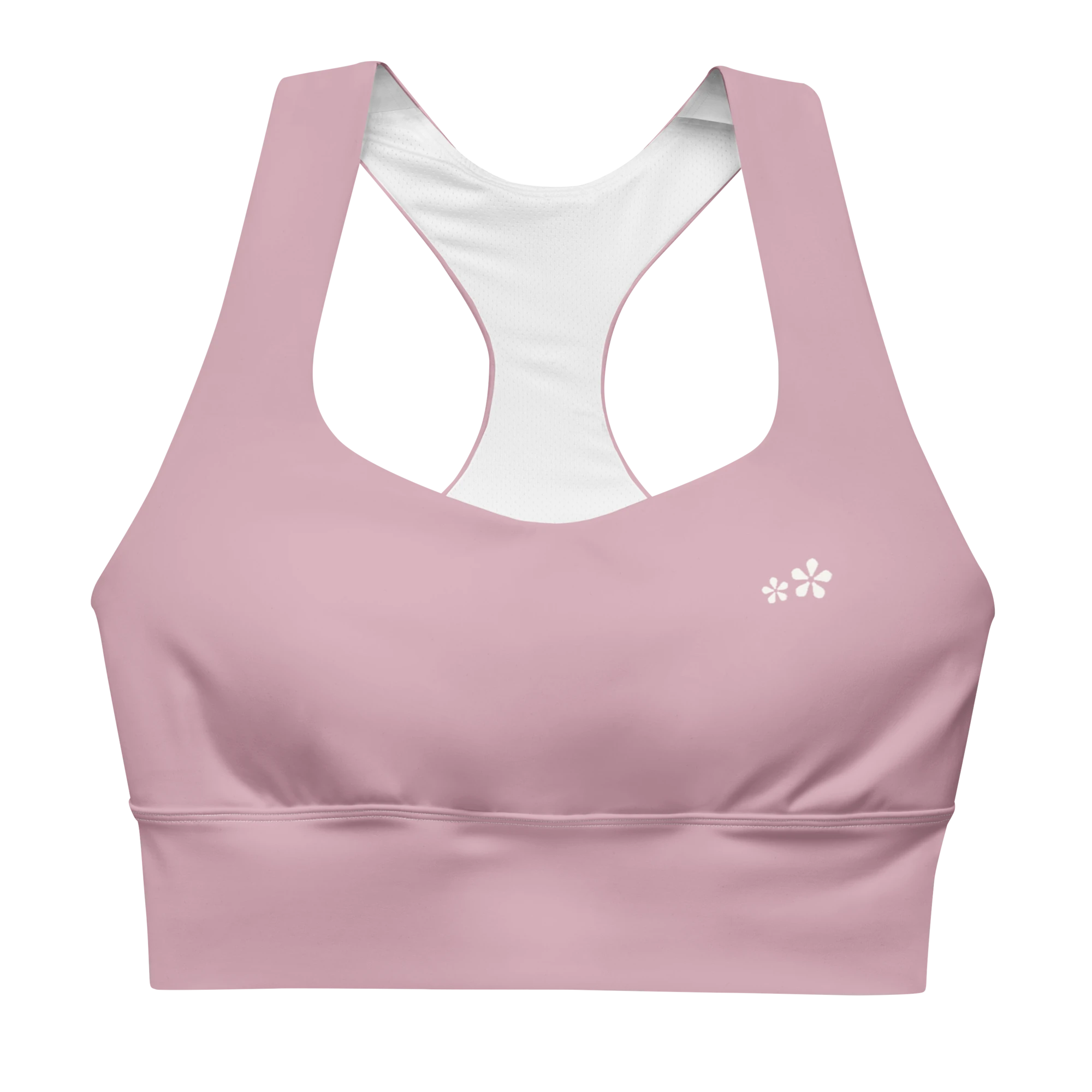 Front view flat lay of the DuelStars Core Femme sports bra in dusty rose, featuring the delicate Blossom logo on the chest.