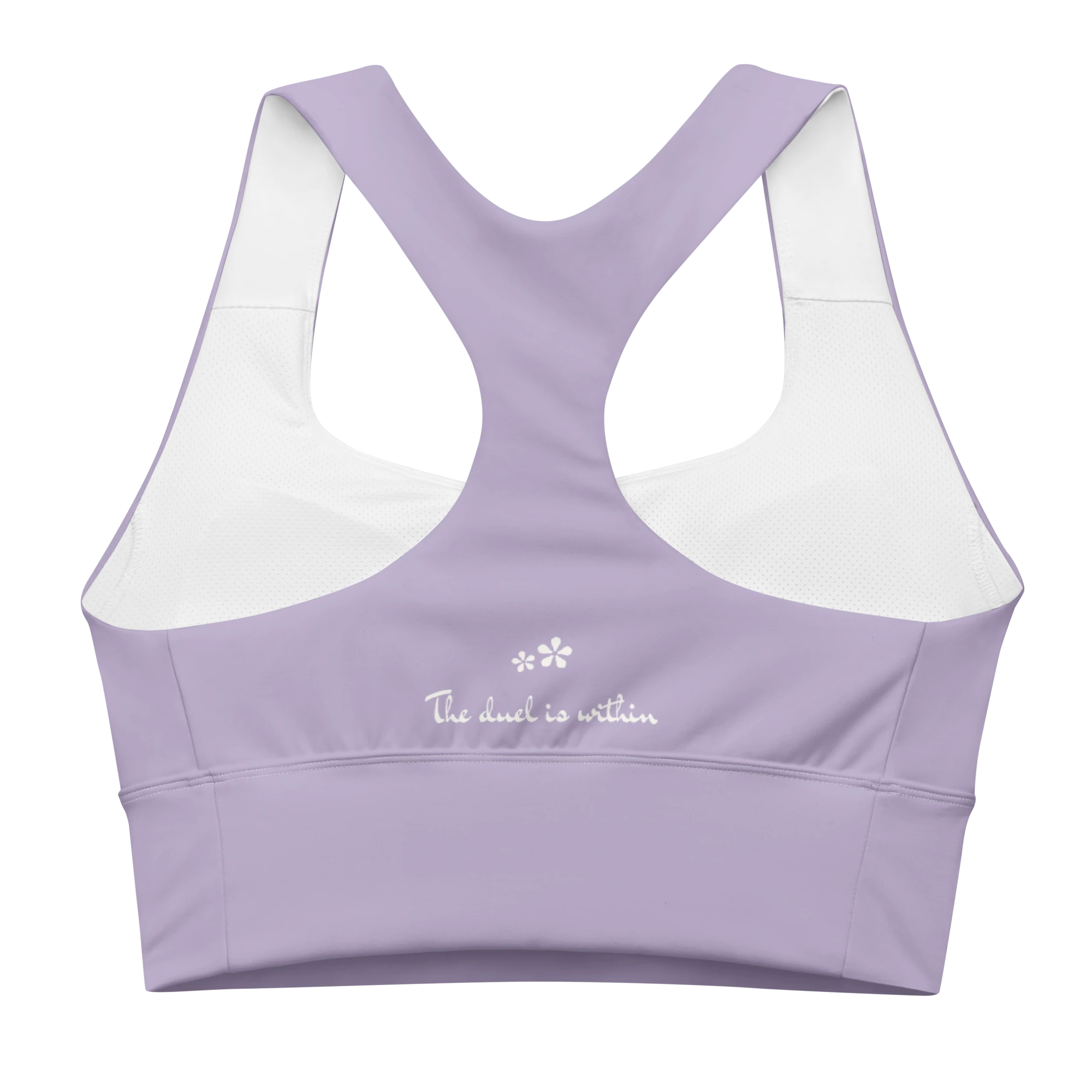 Back view flat lay of the DuelStars Core Femme sports bra in misty lavender, featuring the inspirational slogan 'the duel is within' printed across the back.