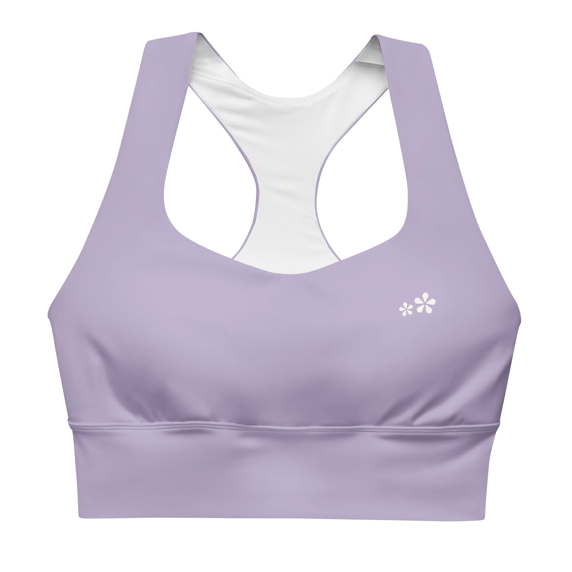 Front view flat lay of the DuelStars Core Femme sports bra in misty lavender, featuring the delicate Blossom logo on the chest.