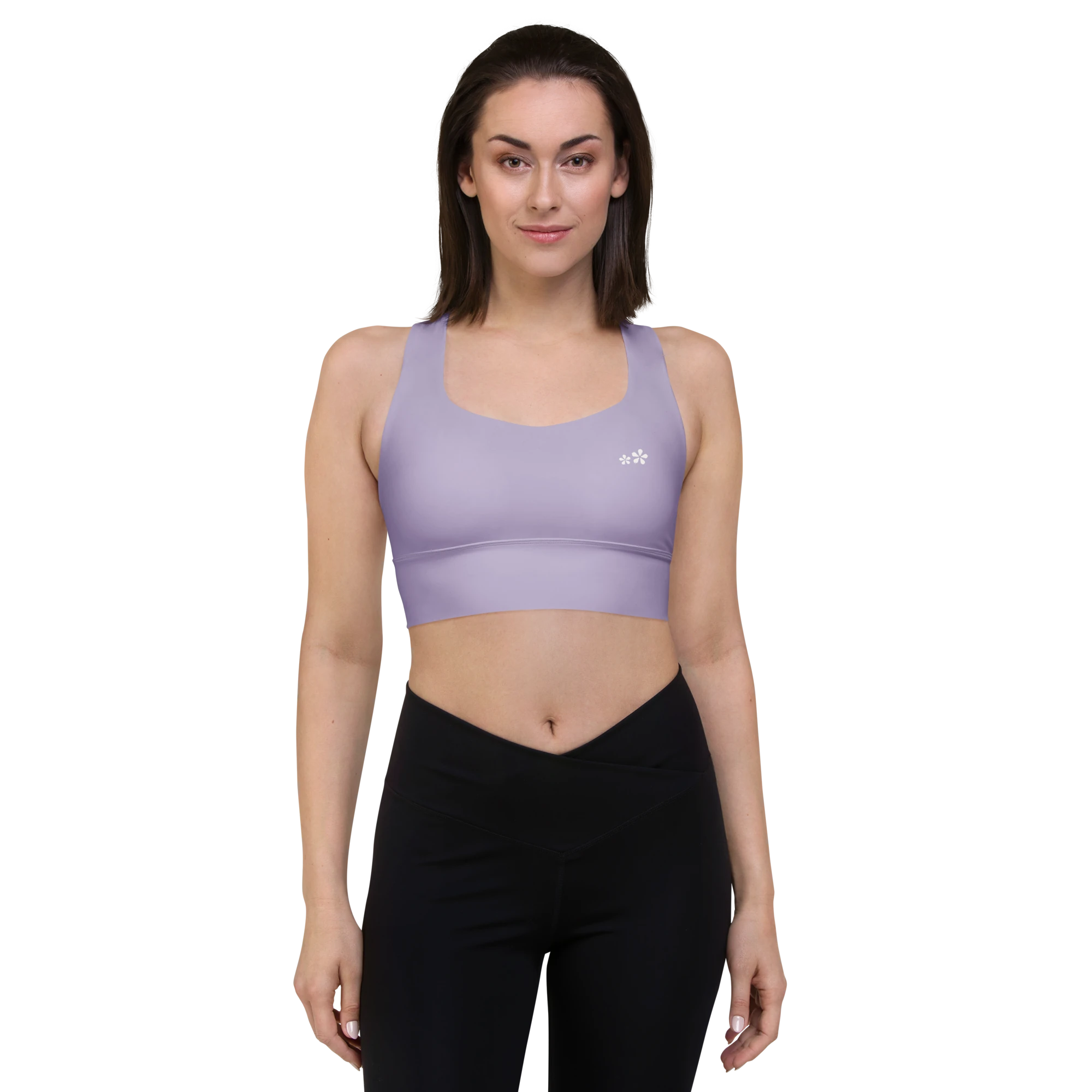 Front front view of the DuelStars Core Femme yoga sports bra in misty lavender, showcasing the delicate floral print and the fit of the straps.