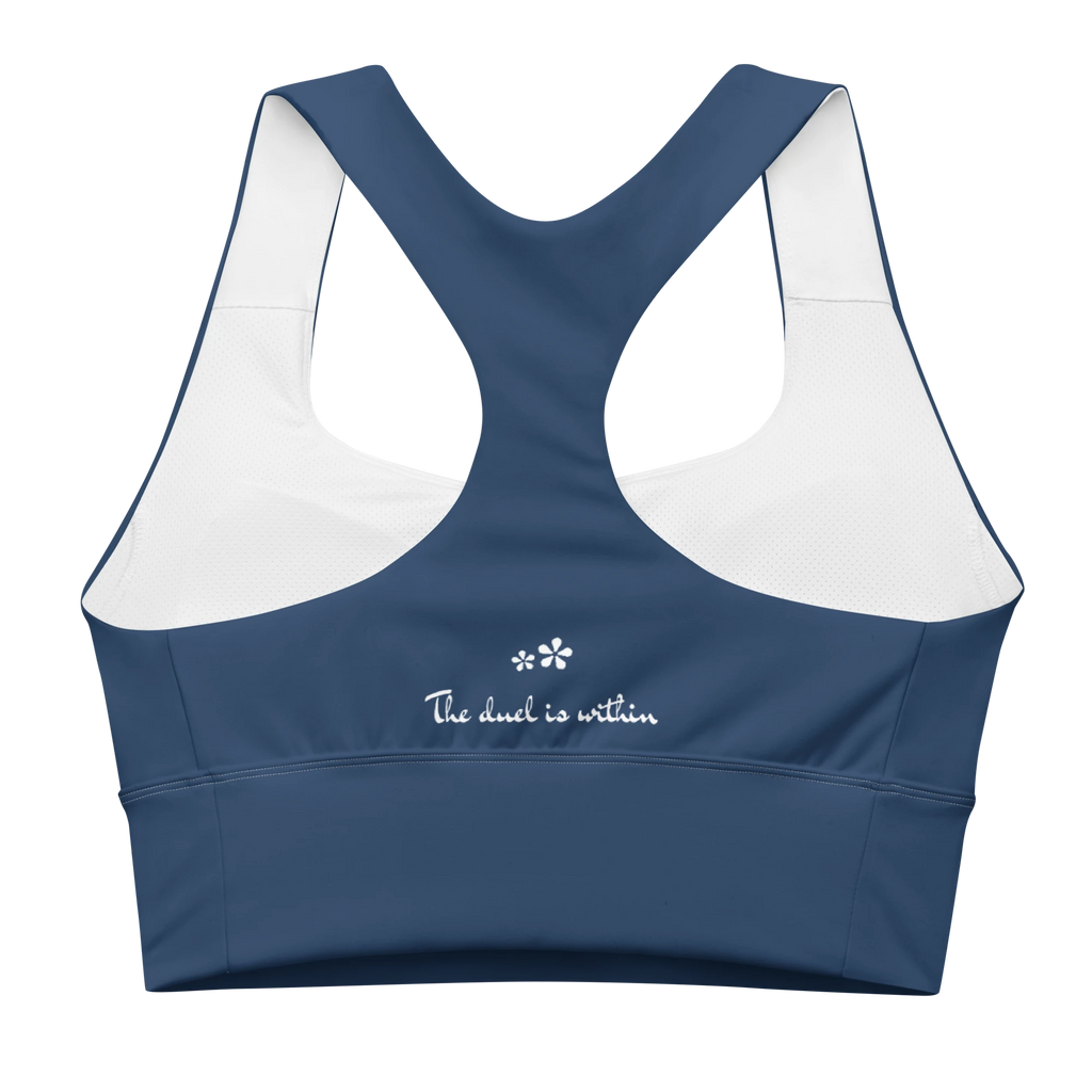 Back view flat lay of the DuelStars Core Femme sports bra in ocean blue, featuring the inspirational slogan 'the duel is within' printed across the back.