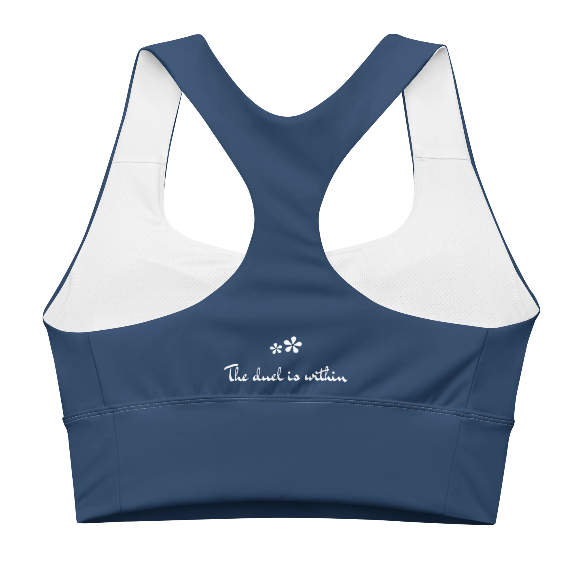 Back view flat lay of the DuelStars Core Femme sports bra in ocean blue, featuring the inspirational slogan 'the duel is within' printed across the back.