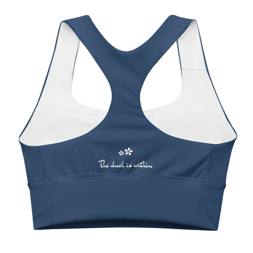 Back view flat lay of the DuelStars Core Femme sports bra in ocean blue, featuring the inspirational slogan 'the duel is within' printed across the back. [cw:ocean-blue]