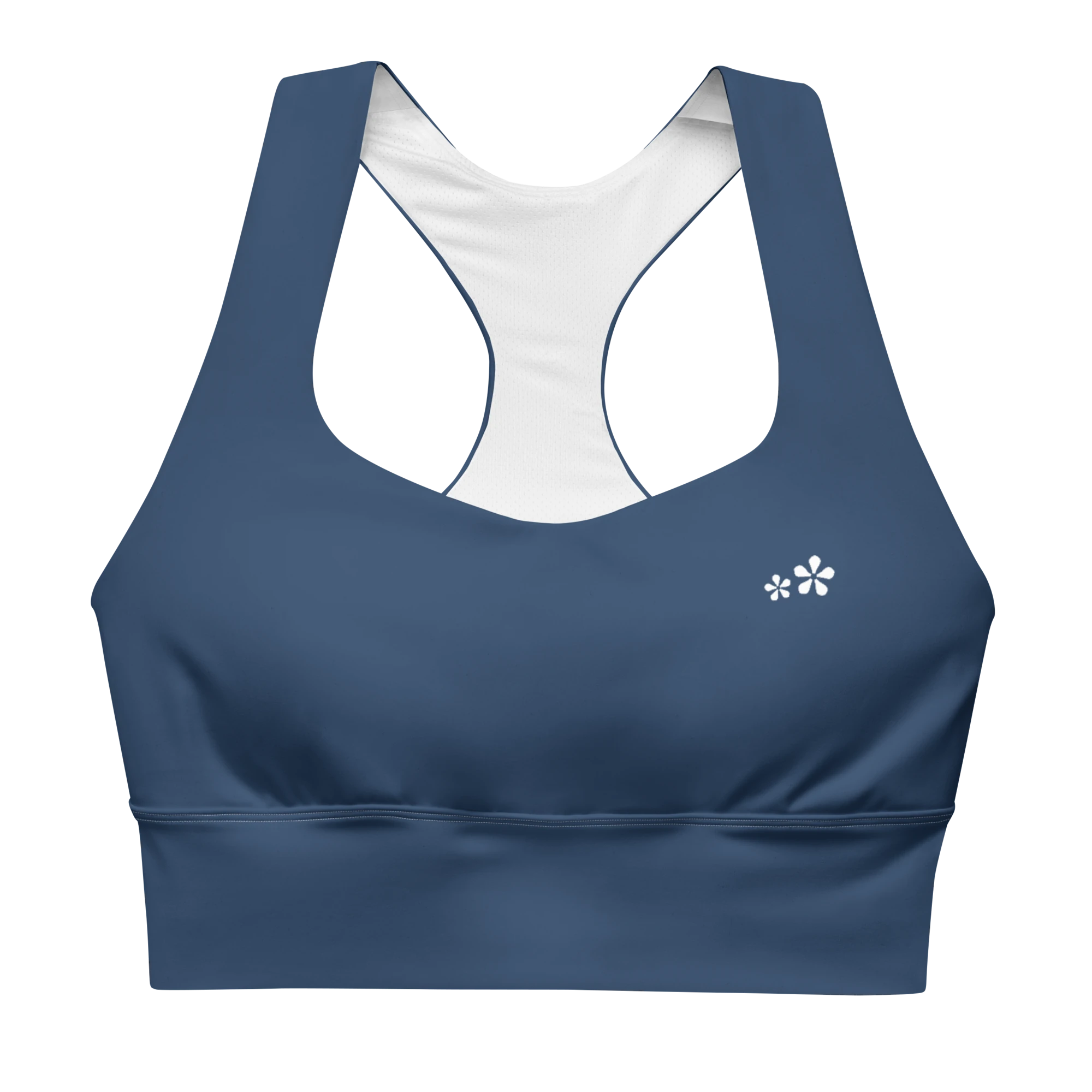 Front view flat lay of the DuelStars Core Femme sports bra in ocean blue, featuring the delicate Blossom logo on the chest.