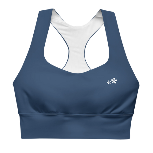 Front view flat lay of the DuelStars Core Femme sports bra in ocean blue, featuring the delicate Blossom logo on the chest.