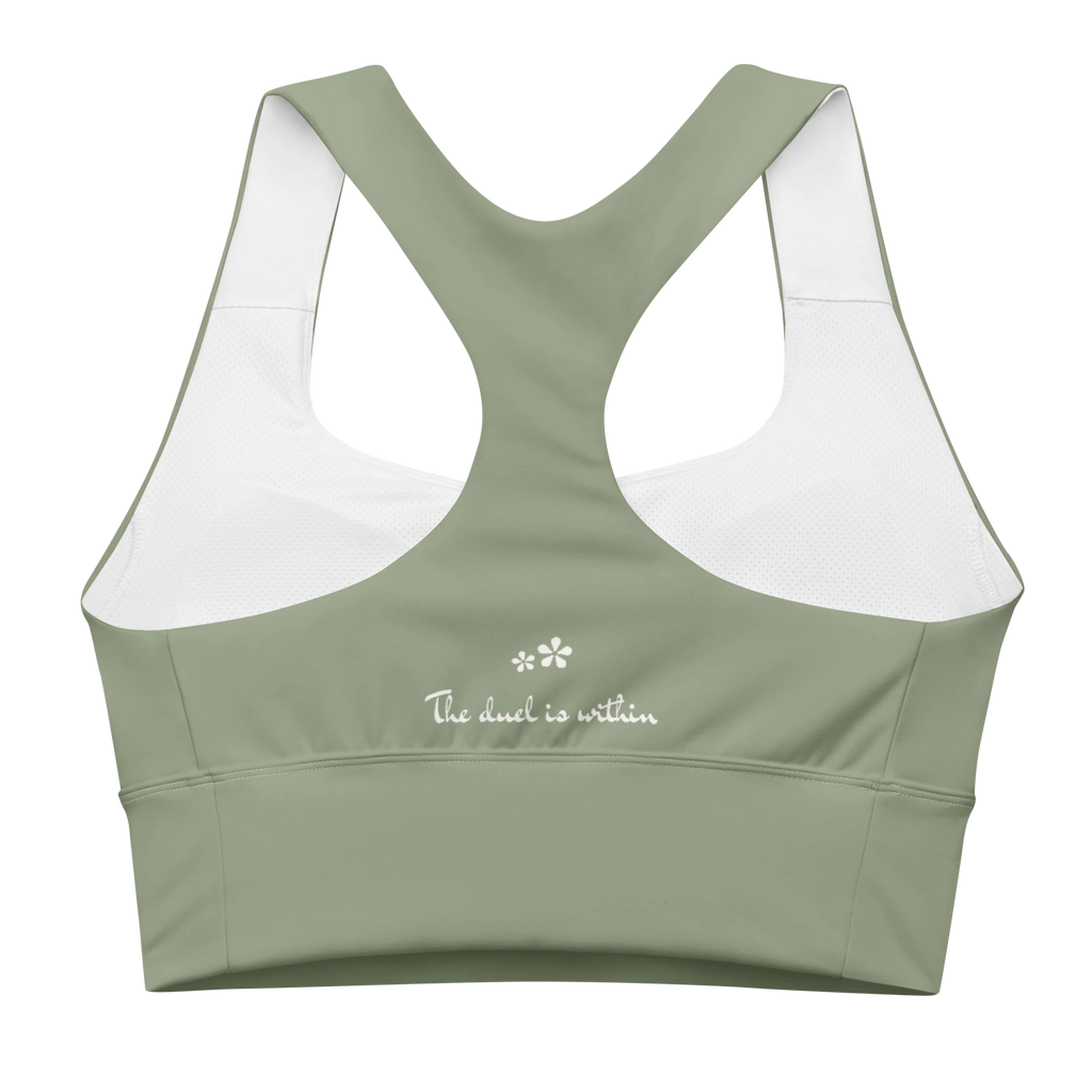 ack view flat lay of the DuelStars Core Femme sports bra in sage green, featuring the inspirational slogan 'the duel is within' printed across the back.