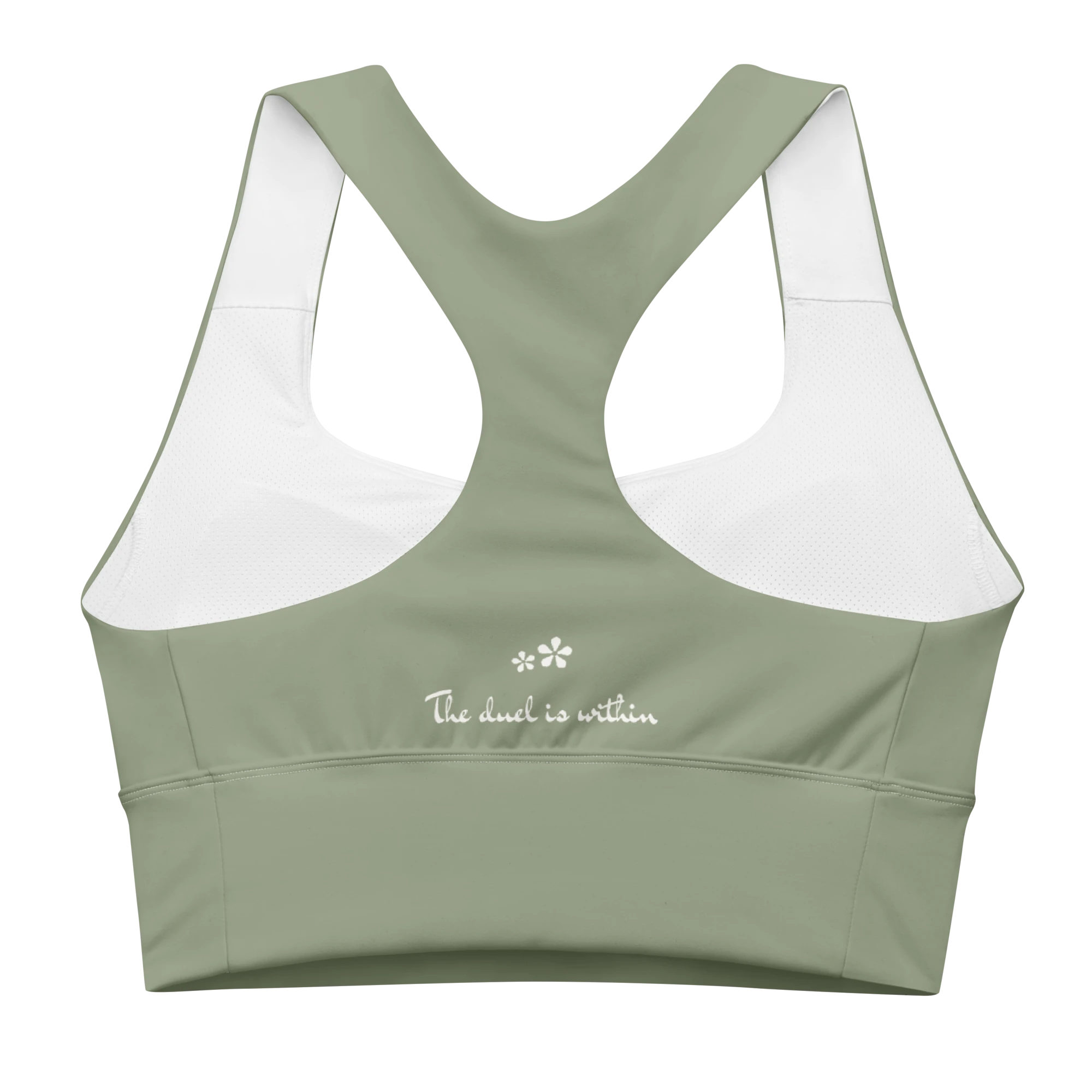 ack view flat lay of the DuelStars Core Femme sports bra in sage green, featuring the inspirational slogan 'the duel is within' printed across the back.