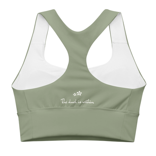 ack view flat lay of the DuelStars Core Femme sports bra in sage green, featuring the inspirational slogan 'the duel is within' printed across the back. [cw:sage-green]