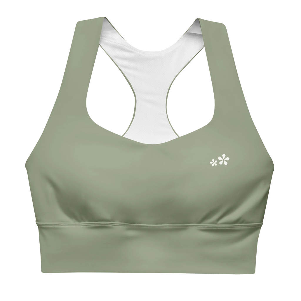Front view flat lay of the DuelStars Core Femme sports bra in sage green, featuring the delicate Blossom logo on the chest.