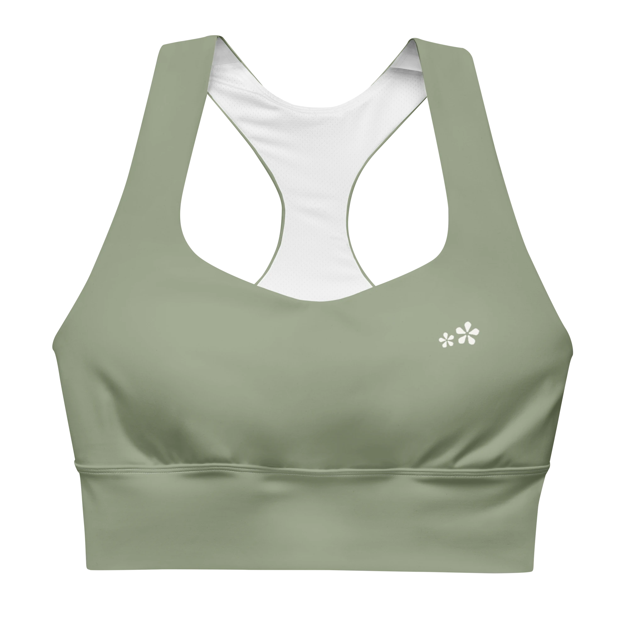 Front view flat lay of the DuelStars Core Femme sports bra in sage green, featuring the delicate Blossom logo on the chest.