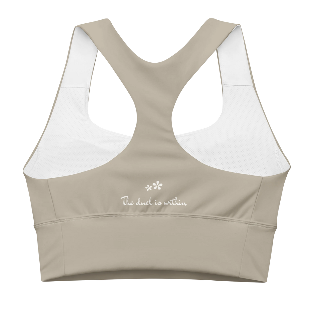 Back view flat lay of the DuelStars Core Femme sports bra in stone grey, featuring the inspirational slogan 'the duel is within' printed across the back.