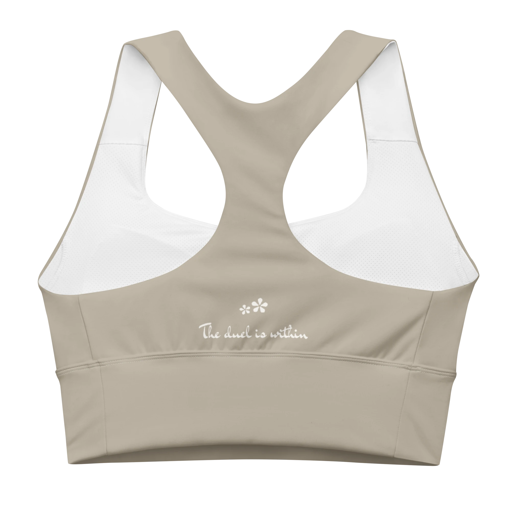 Back view flat lay of the DuelStars Core Femme sports bra in stone grey, featuring the inspirational slogan 'the duel is within' printed across the back.