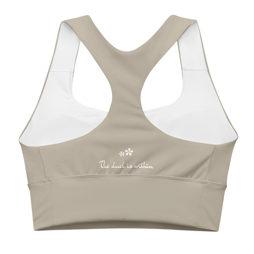 Back view flat lay of the DuelStars Core Femme sports bra in stone grey, featuring the inspirational slogan 'the duel is within' printed across the back. [cw:stone-grey]