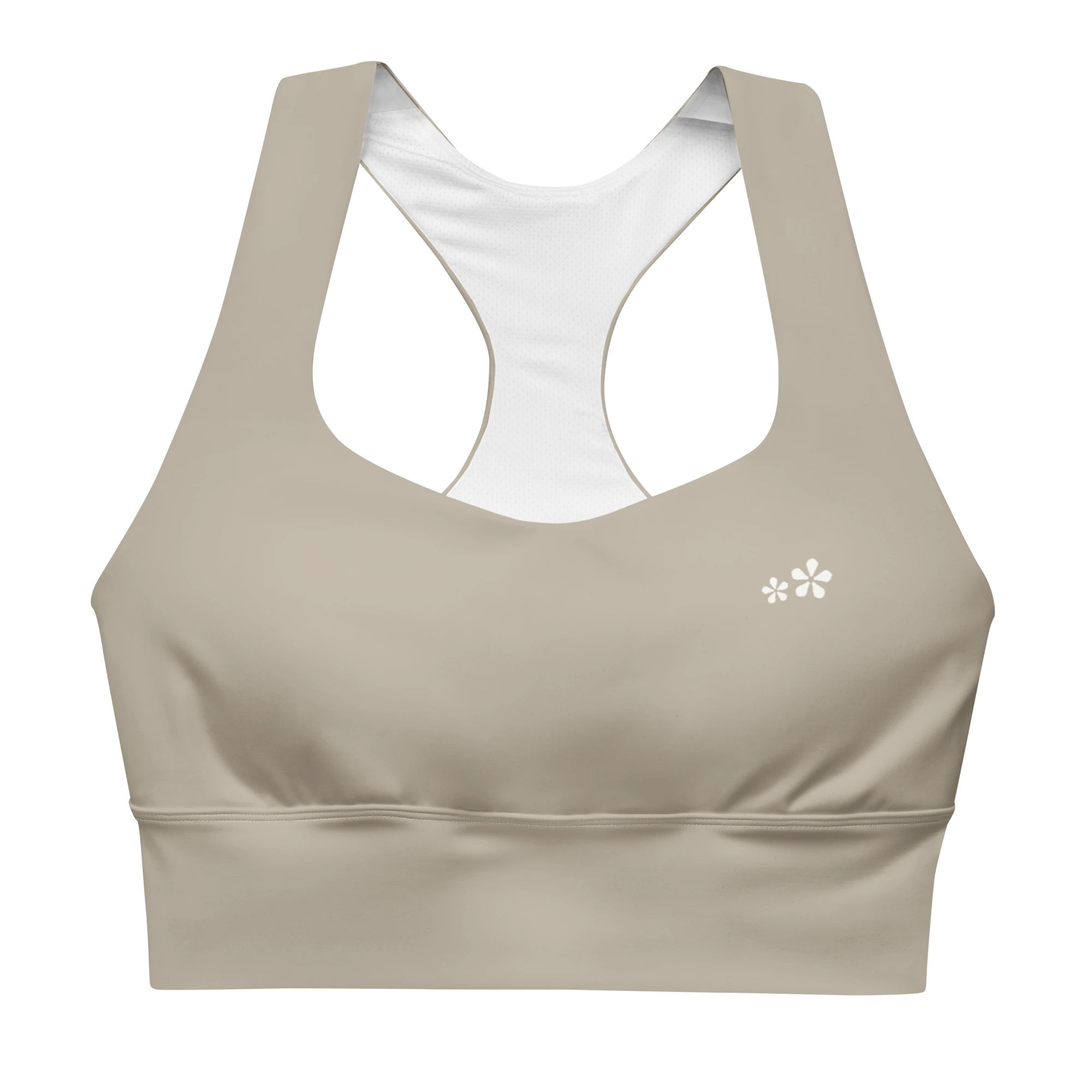 Front view flat lay of the DuelStars Core Femme sports bra in stone grey, featuring the delicate Blossom logo on the chest.
