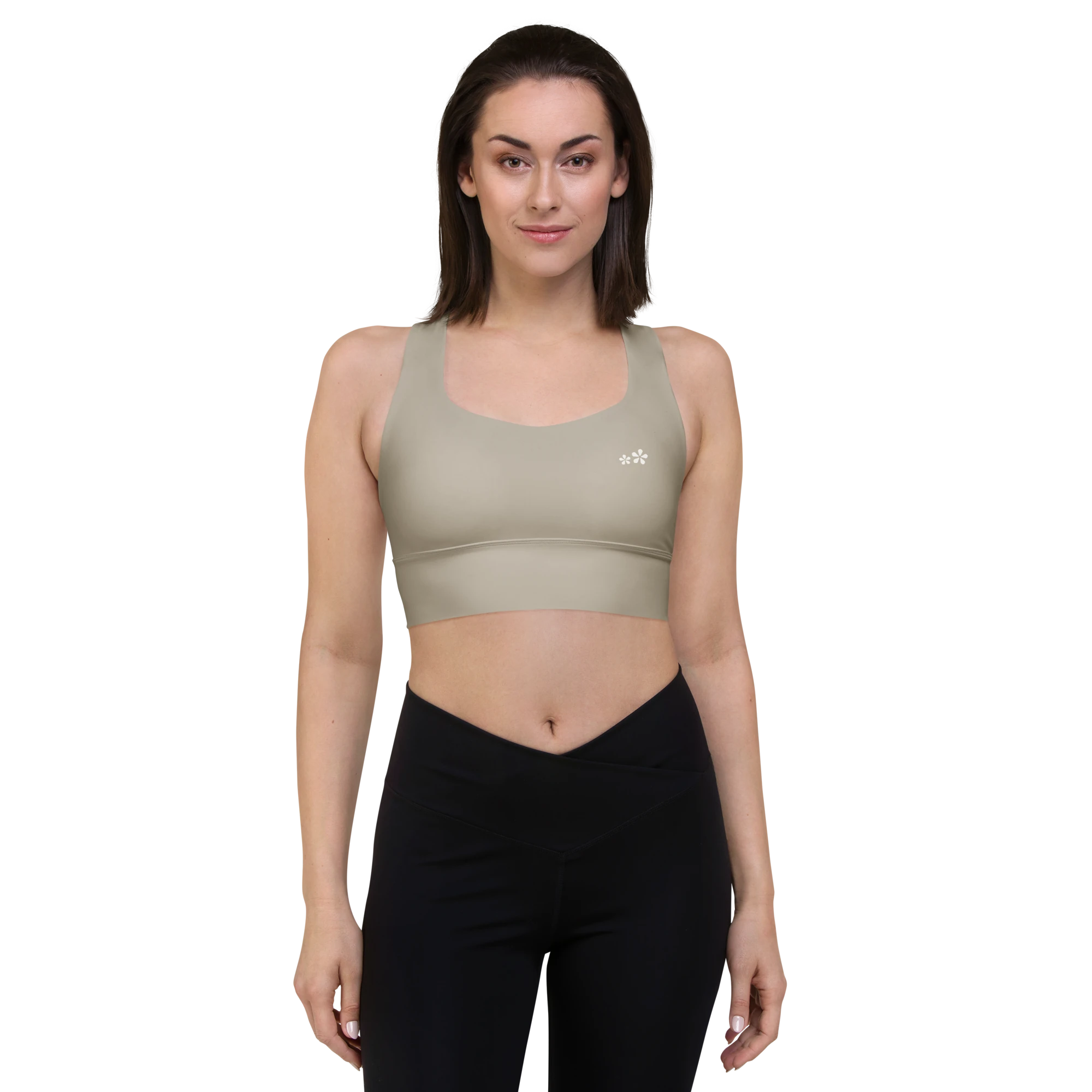Front front view of the DuelStars Core Femme yoga sports bra in stone grey, showcasing the delicate floral print and the fit of the straps.