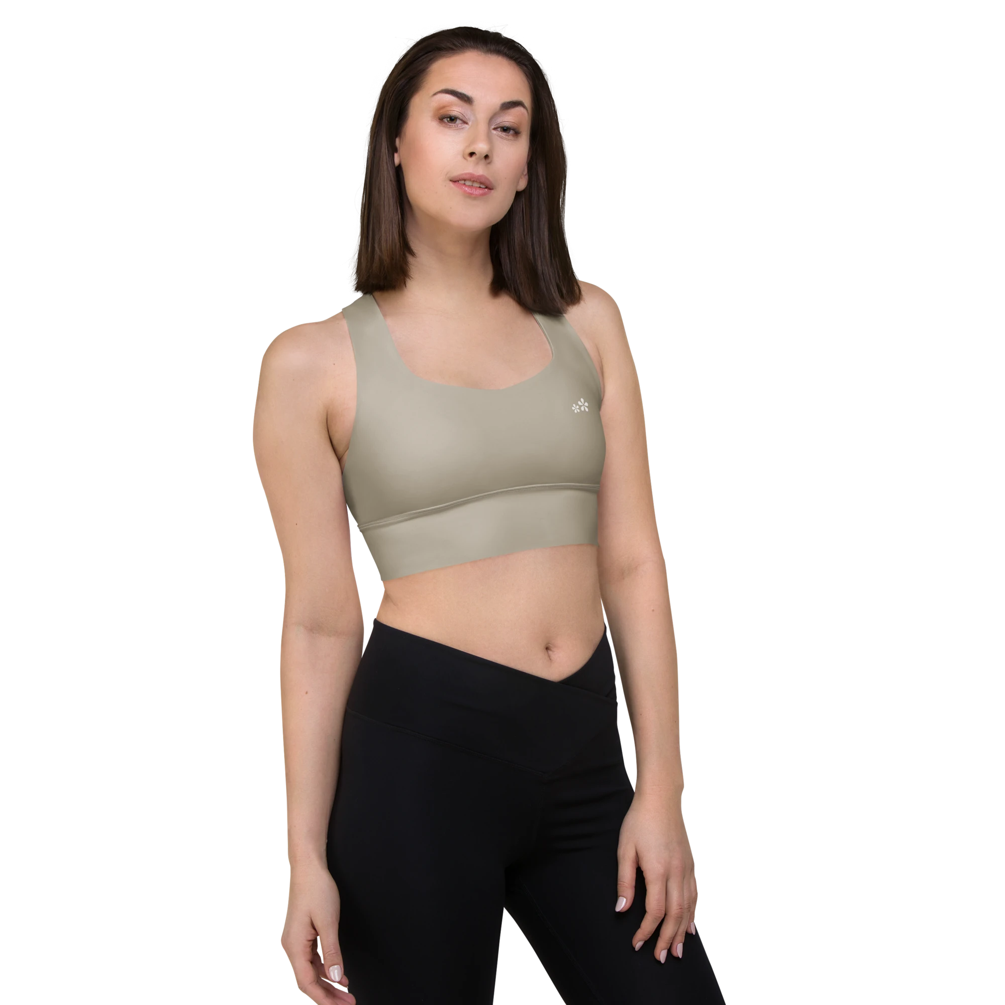 Front right-side view of the DuelStars Core Femme yoga sports bra in stone grey, showcasing the delicate floral print and the fit of the straps.