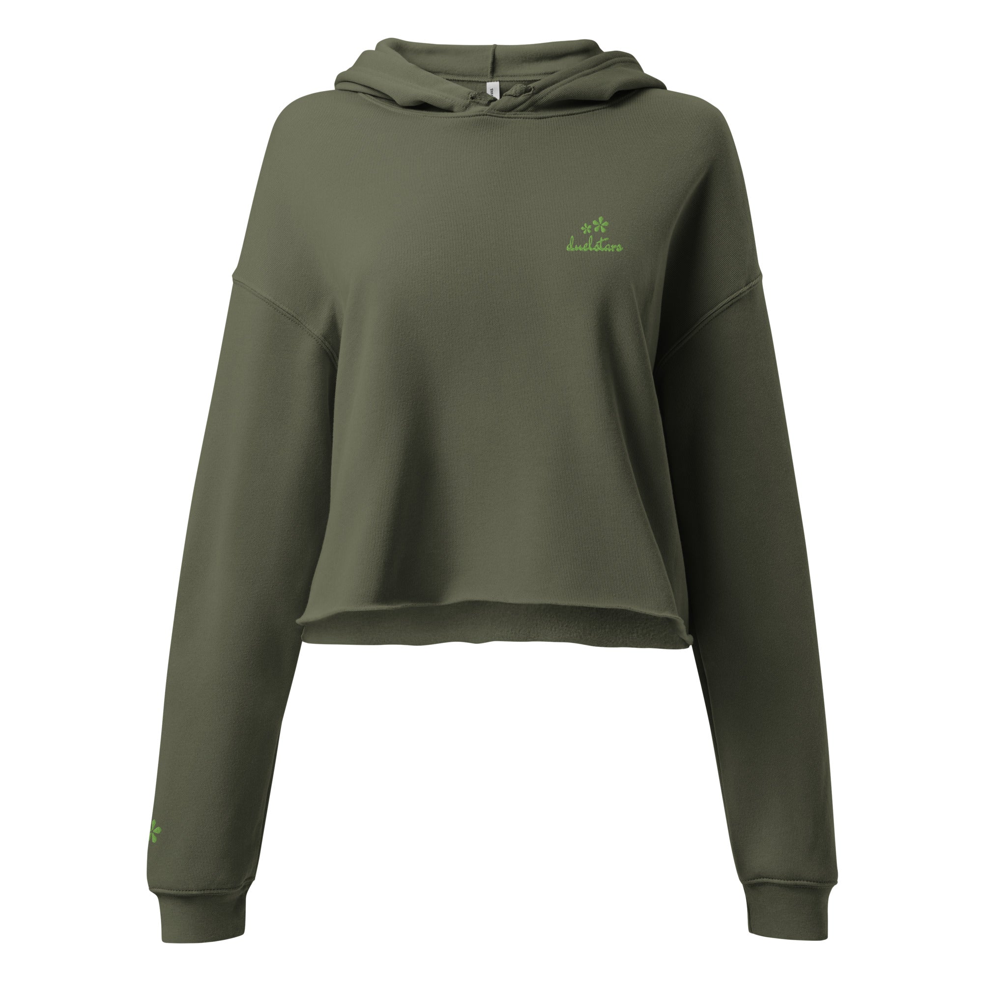 DuelStars Raw Hem Crop Hoodie, Military Green, front view, fit-style [cw:military-green]