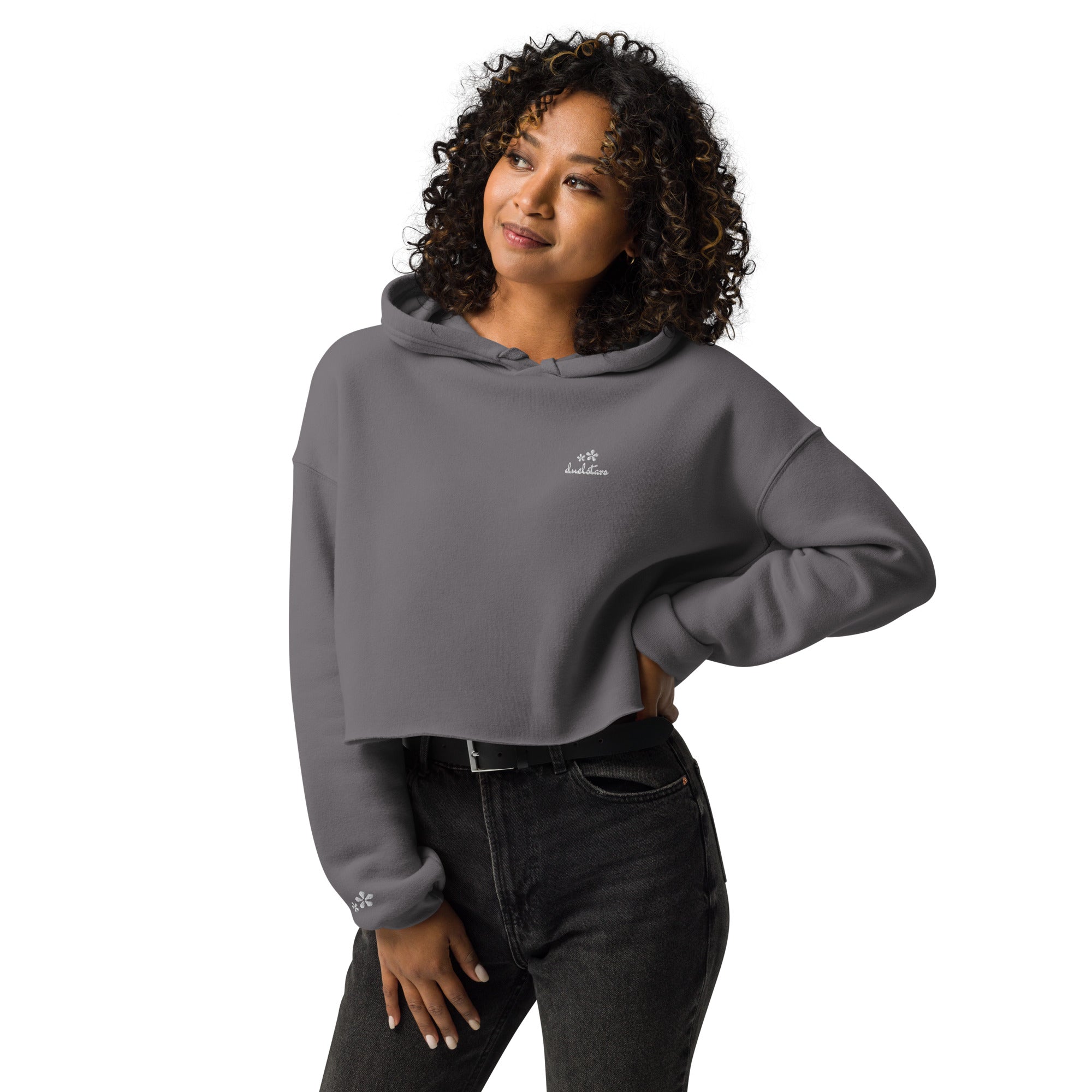 DuelStars Raw Hem Crop Hoodie, Storm, front view, life-style [cw:storm]